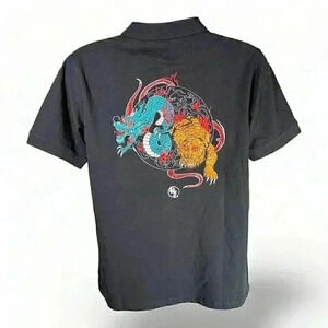 Koisea Embroidered Polo Shirt Black Men's XL Short Sleeve Dragon Tiger Cotton